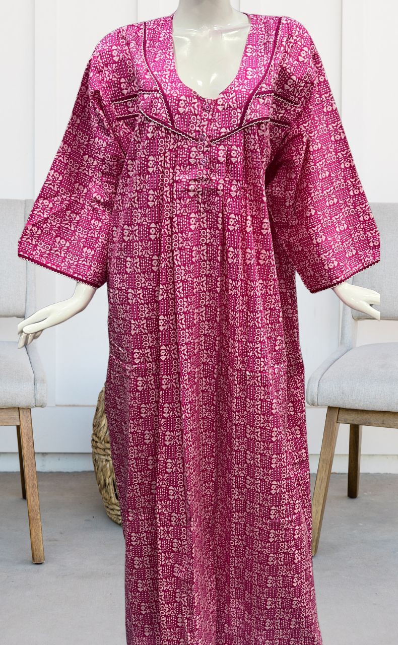Pink Dots Pure Cotton Long Sleeves Nighty.Soft Breathable Fabric | Laces and Frills - Laces and Frills