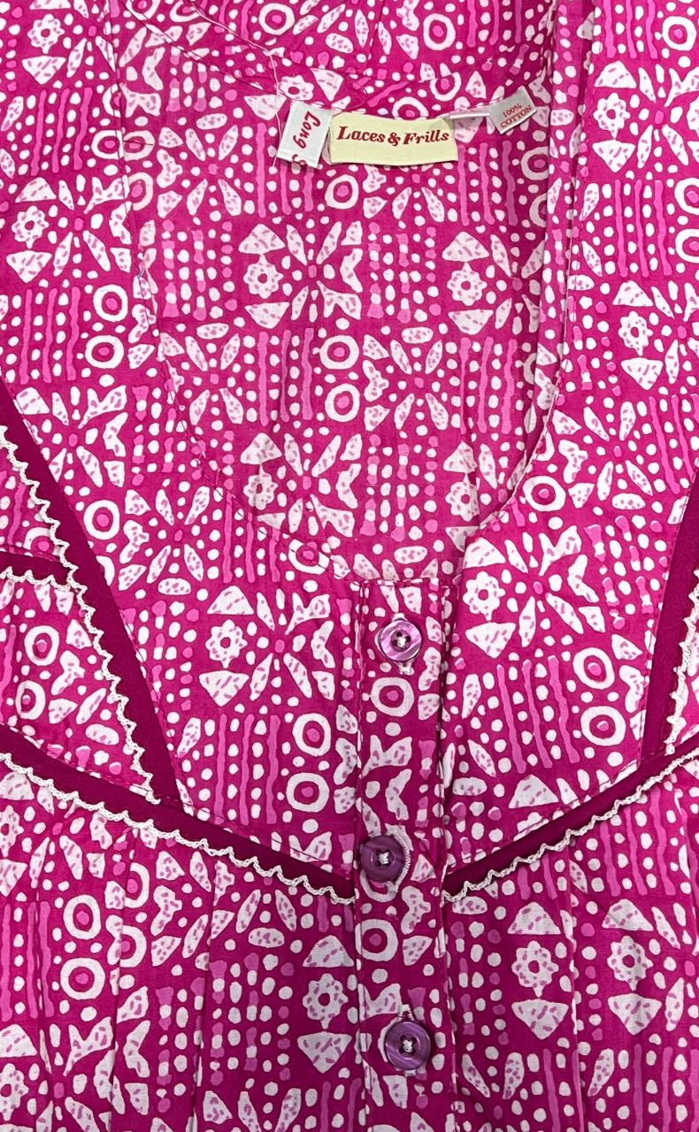 Pink Dots Pure Cotton Long Sleeves Nighty.Soft Breathable Fabric | Laces and Frills - Laces and Frills