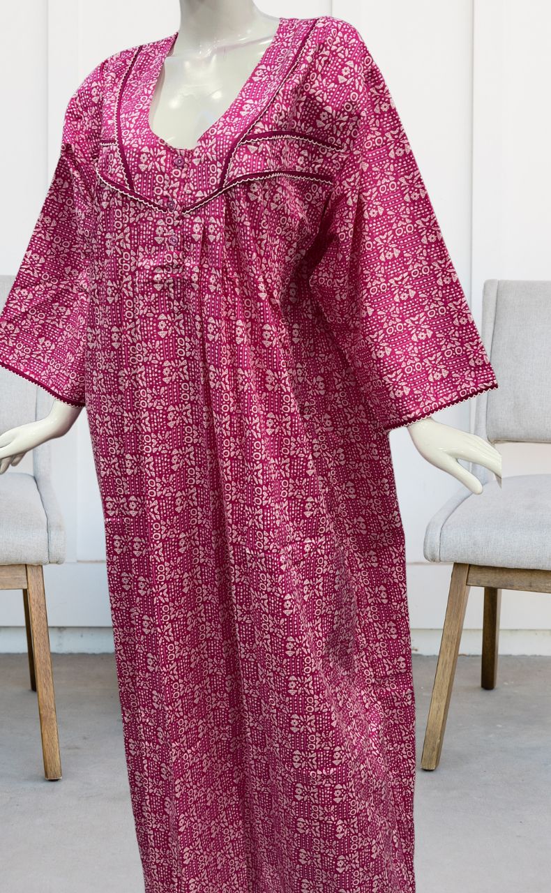 Pink Dots Pure Cotton Long Sleeves Nighty.Soft Breathable Fabric | Laces and Frills - Laces and Frills