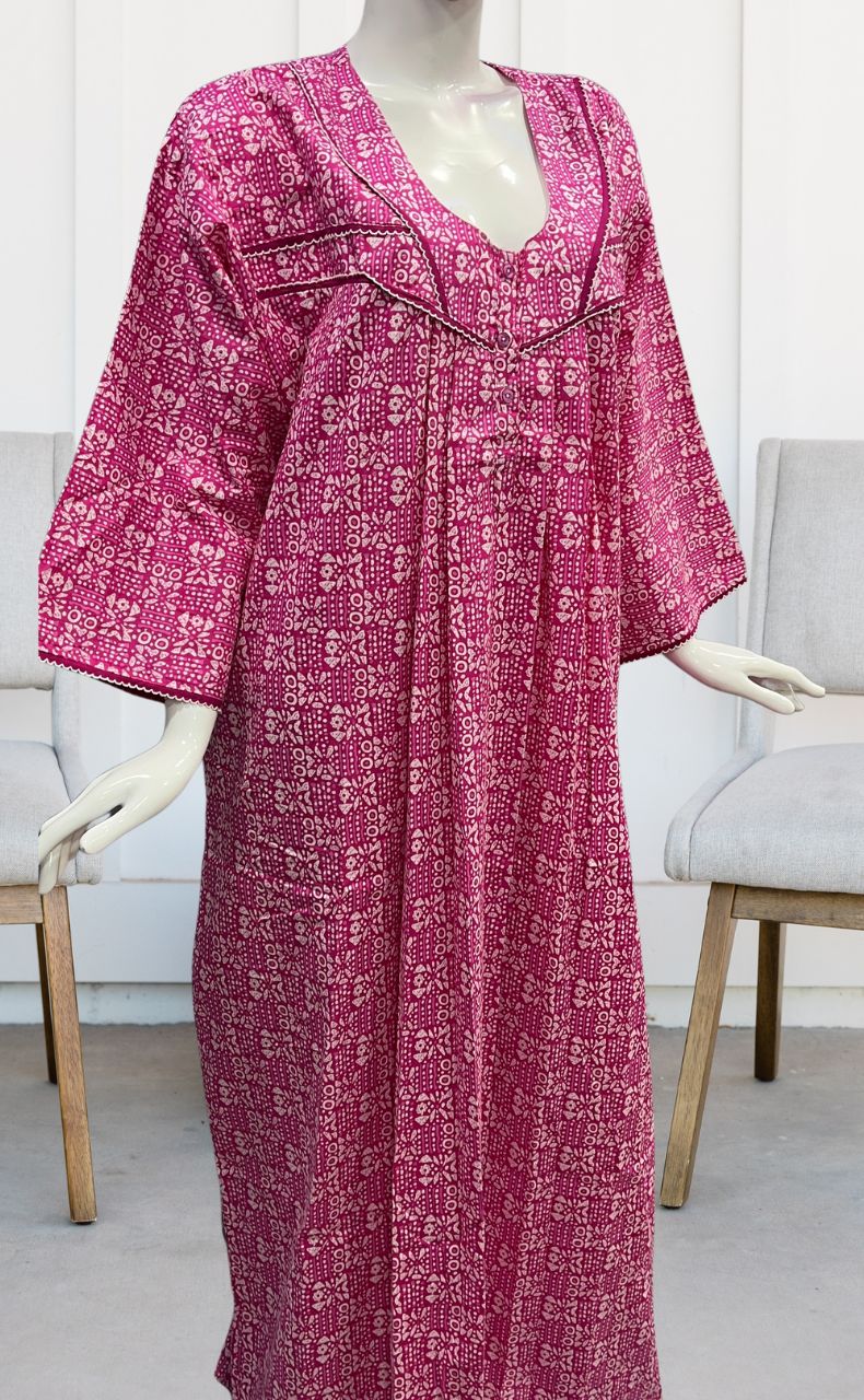 Pink Dots Pure Cotton Long Sleeves Nighty.Soft Breathable Fabric | Laces and Frills - Laces and Frills