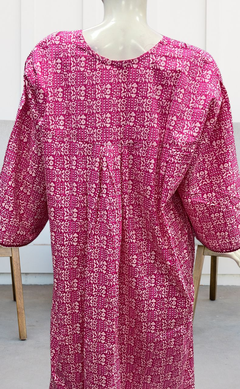 Pink Dots Pure Cotton Long Sleeves Nighty.Soft Breathable Fabric | Laces and Frills - Laces and Frills