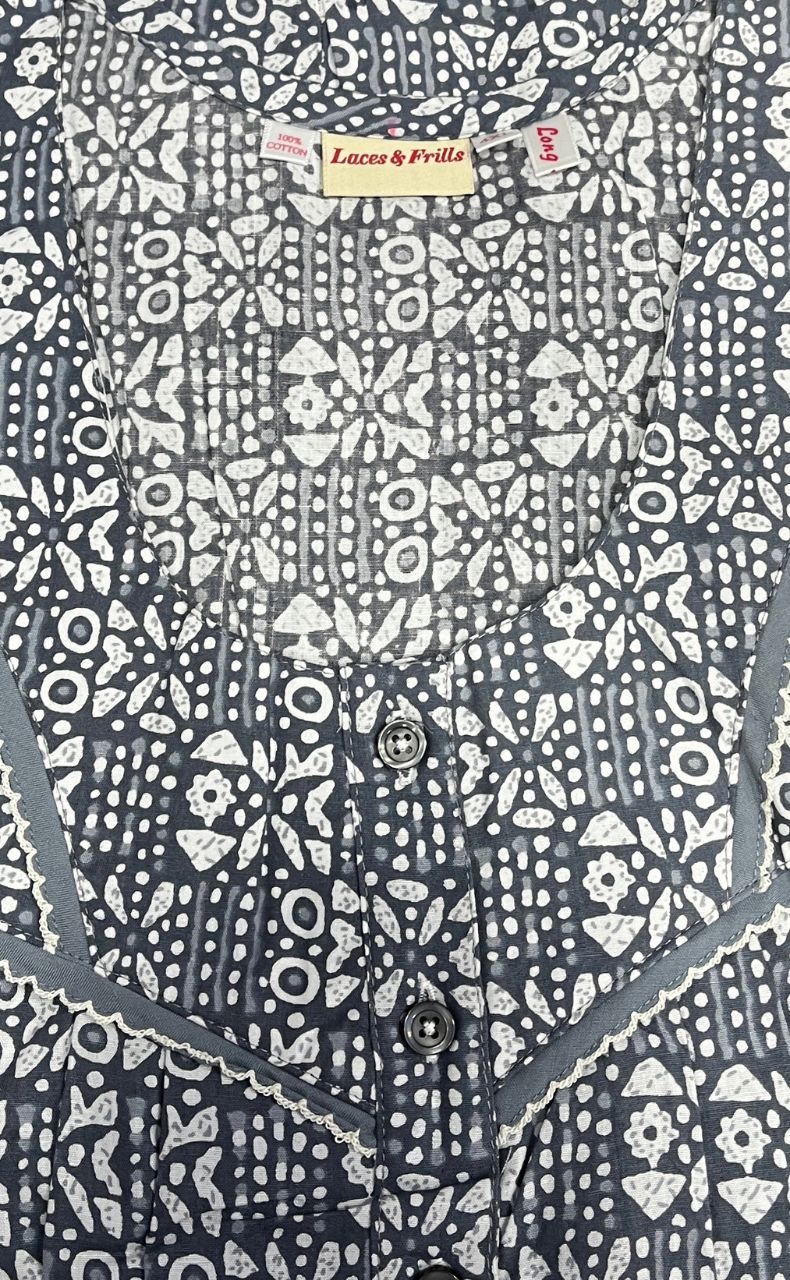 Grey Dots Pure Cotton Long Sleeves Nighty.Soft Breathable Fabric | Laces and Frills - Laces and Frills
