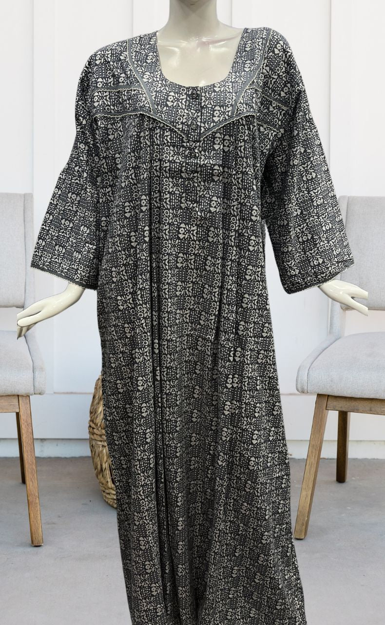Grey Dots Pure Cotton Long Sleeves Nighty.Soft Breathable Fabric | Laces and Frills - Laces and Frills