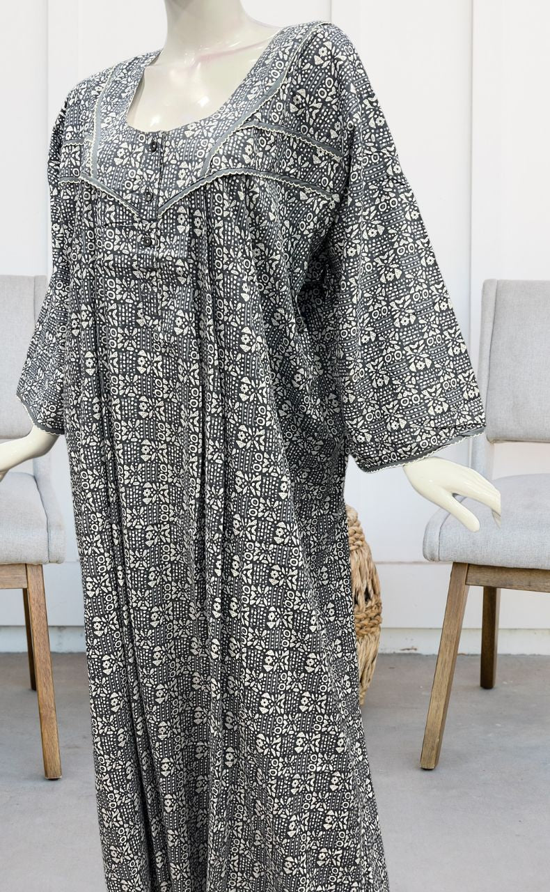 Grey Dots Pure Cotton Long Sleeves Nighty.Soft Breathable Fabric | Laces and Frills - Laces and Frills