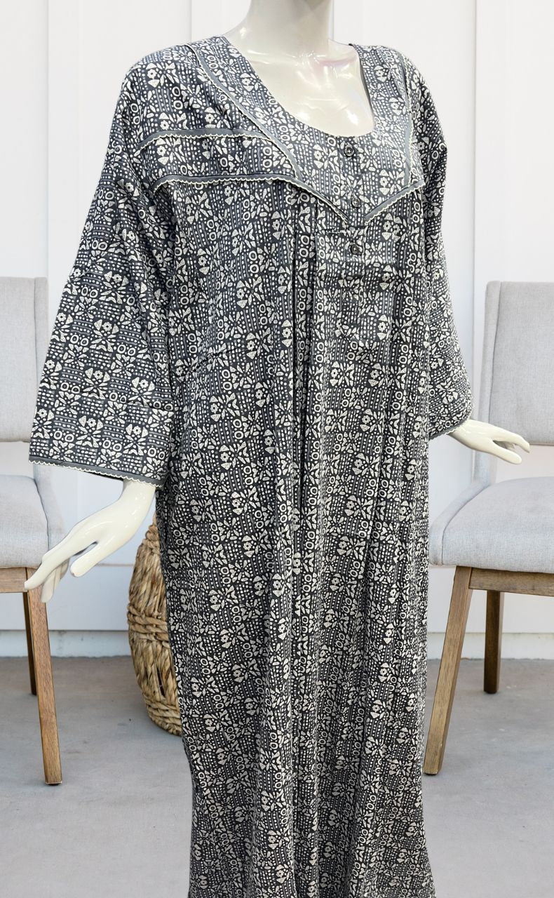 Grey Dots Pure Cotton Long Sleeves Nighty.Soft Breathable Fabric | Laces and Frills - Laces and Frills