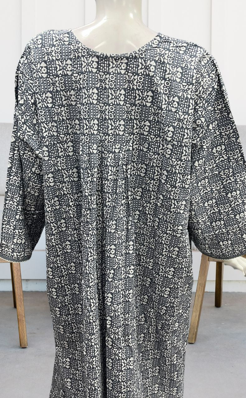 Grey Dots Pure Cotton Long Sleeves Nighty.Soft Breathable Fabric | Laces and Frills - Laces and Frills