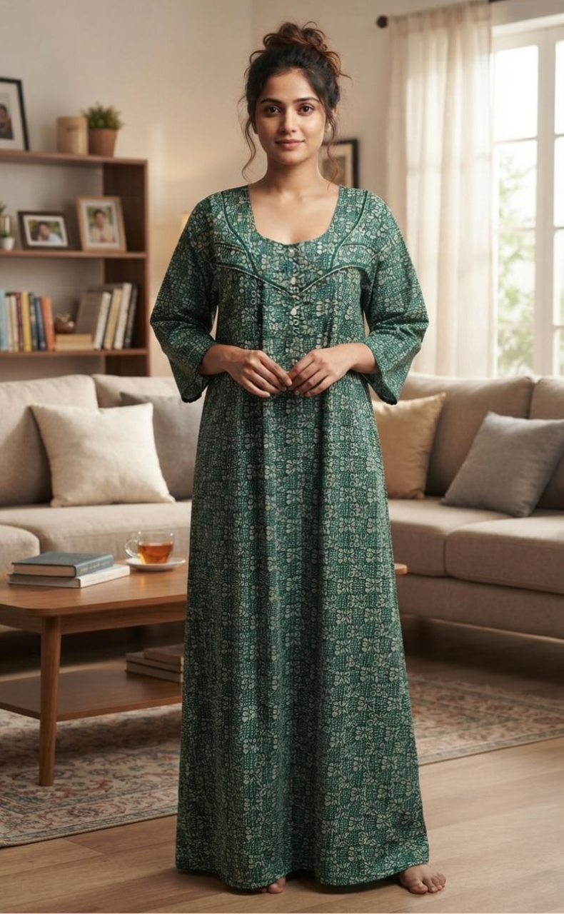 Sea Green Dots Pure Cotton Long Sleeves Nighty.Soft Breathable Fabric | Laces and Frills