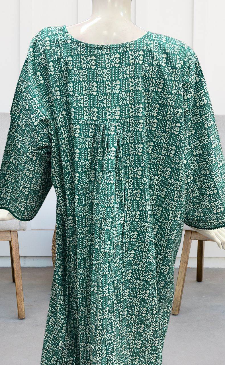 Sea Green Dots Pure Cotton Long Sleeves Nighty.Soft Breathable Fabric | Laces and Frills - Laces and Frills