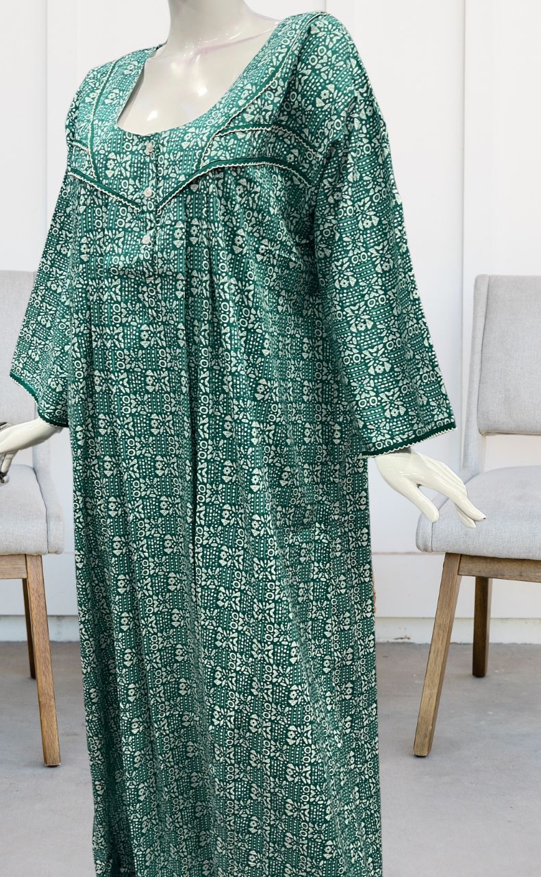 Sea Green Dots Pure Cotton Long Sleeves Nighty.Soft Breathable Fabric | Laces and Frills - Laces and Frills
