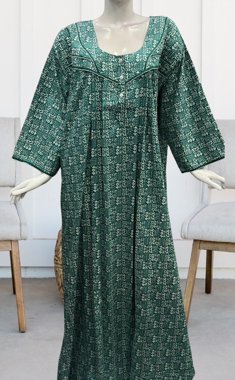 Sea Green Dots Pure Cotton Long Sleeves Nighty.Soft Breathable Fabric | Laces and Frills - Laces and Frills