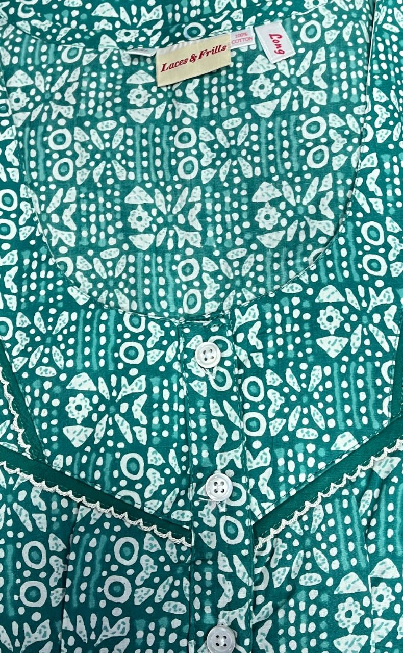 Sea Green Dots Pure Cotton Long Sleeves Nighty.Soft Breathable Fabric | Laces and Frills - Laces and Frills