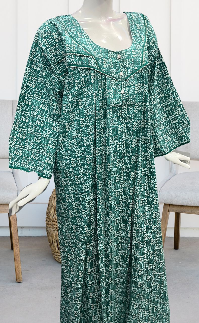 Sea Green Dots Pure Cotton Long Sleeves Nighty.Soft Breathable Fabric | Laces and Frills - Laces and Frills