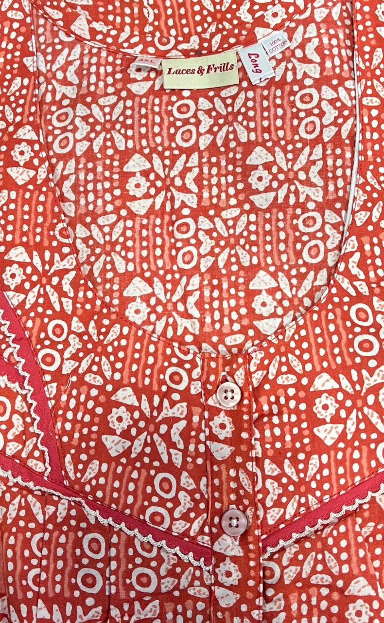 Peach Dots Pure Cotton Long Sleeves Nighty.Soft Breathable Fabric | Laces and Frills - Laces and Frills
