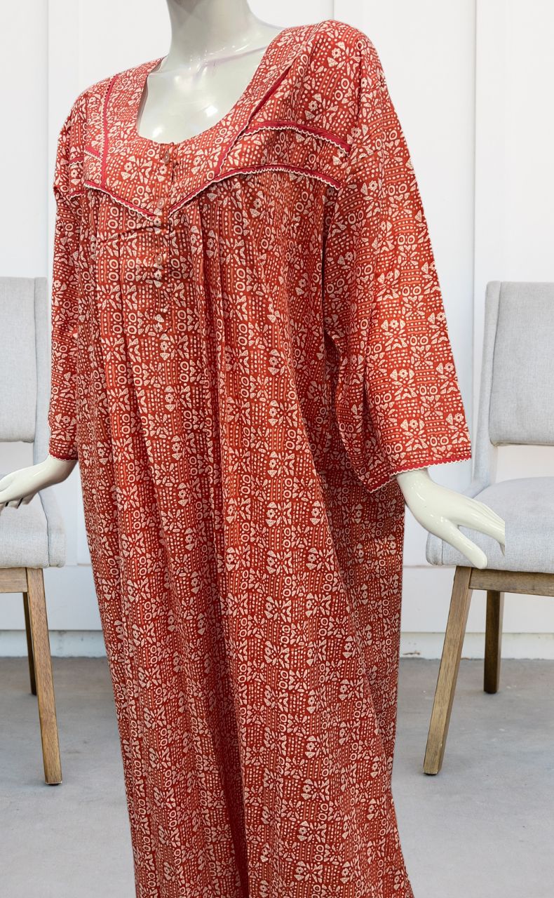 Peach Dots Pure Cotton Long Sleeves Nighty.Soft Breathable Fabric | Laces and Frills - Laces and Frills