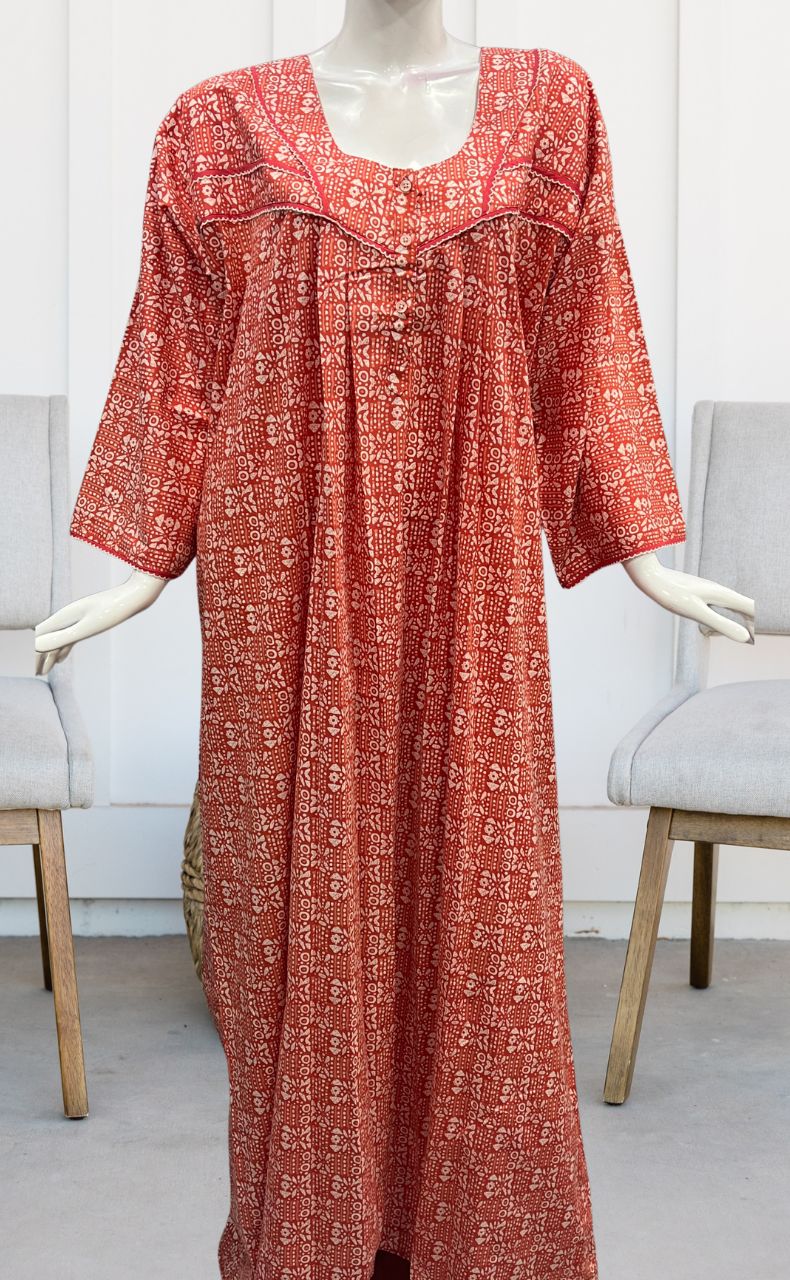 Peach Dots Pure Cotton Long Sleeves Nighty.Soft Breathable Fabric | Laces and Frills - Laces and Frills