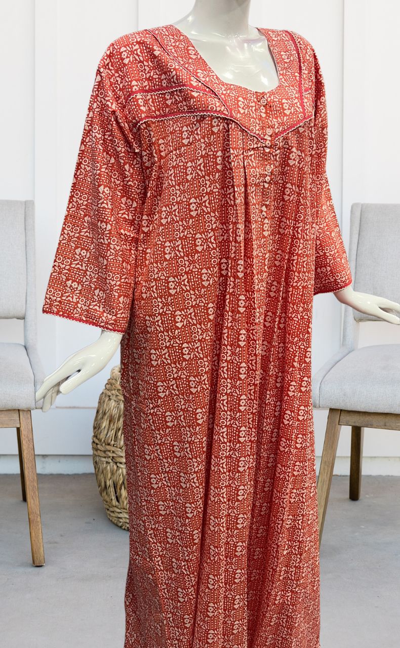Peach Dots Pure Cotton Long Sleeves Nighty.Soft Breathable Fabric | Laces and Frills - Laces and Frills