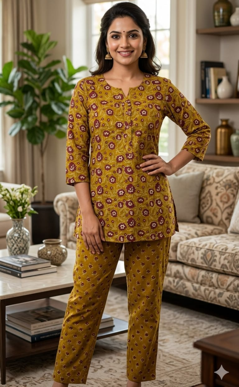 Mustard/Maroon Floral Co-ord Set . Versatile Cotton Fabric. | Laces and Frills - Laces and Frills