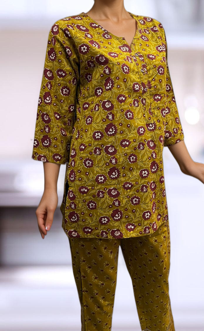 Mustard/Maroon Floral Co-ord Set . Versatile Cotton Fabric. | Laces and Frills - Laces and Frills