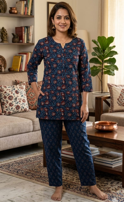 Blue Floral Co-ord Set . Versatile Cotton Fabric. | Laces and Frills - Laces and Frills