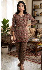 Grey/Maroon Floral Co-ord Set . Versatile Cotton Fabric. | Laces and Frills - Laces and Frills