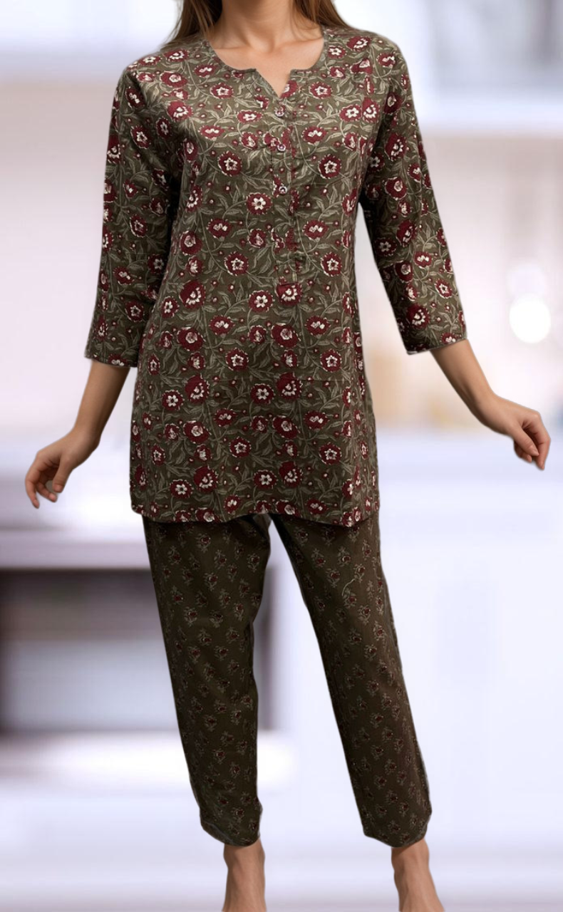 Grey/Maroon Floral Co-ord Set . Versatile Cotton Fabric. | Laces and Frills - Laces and Frills