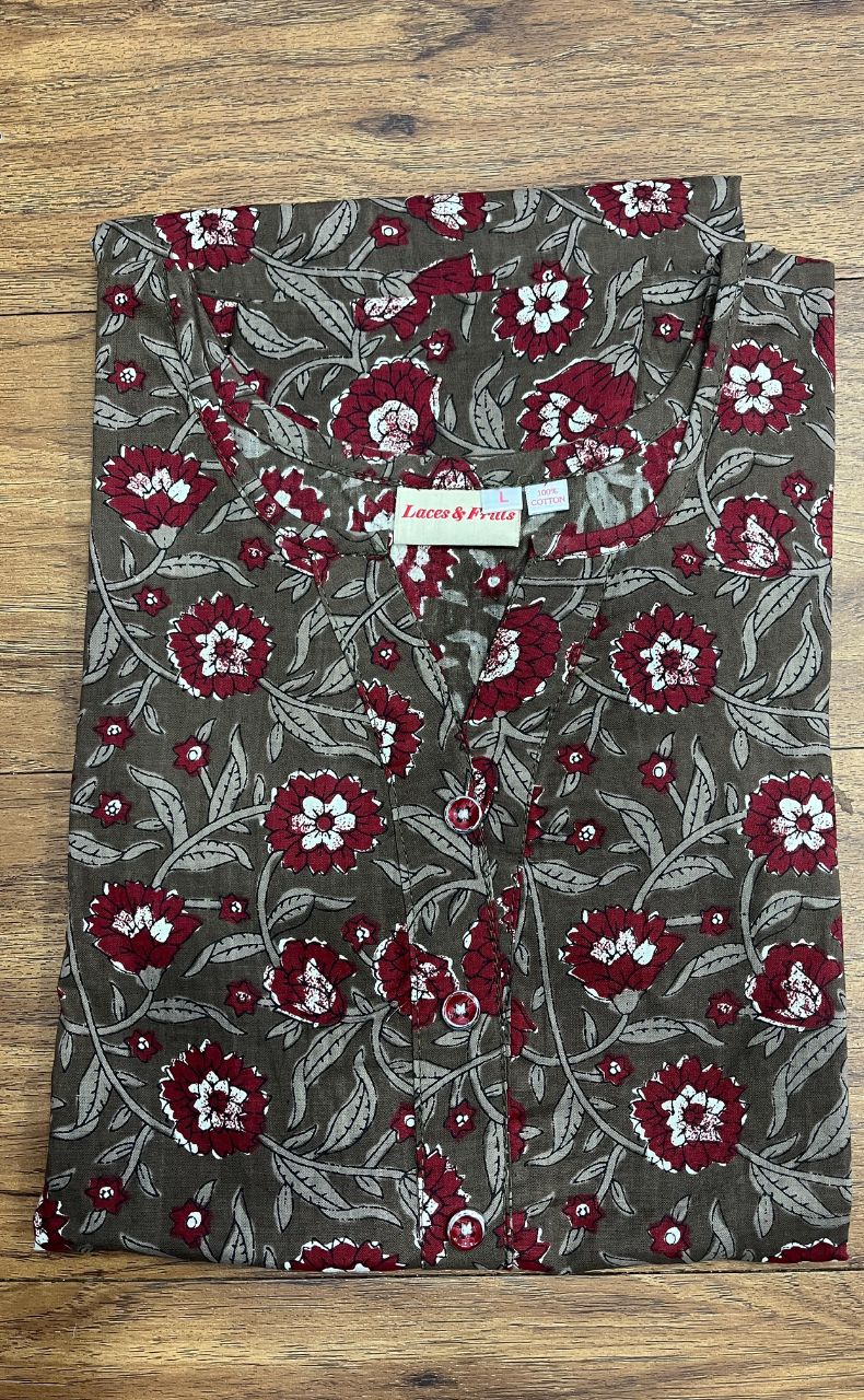 Grey/Maroon Floral Co-ord Set . Versatile Cotton Fabric. | Laces and Frills - Laces and Frills