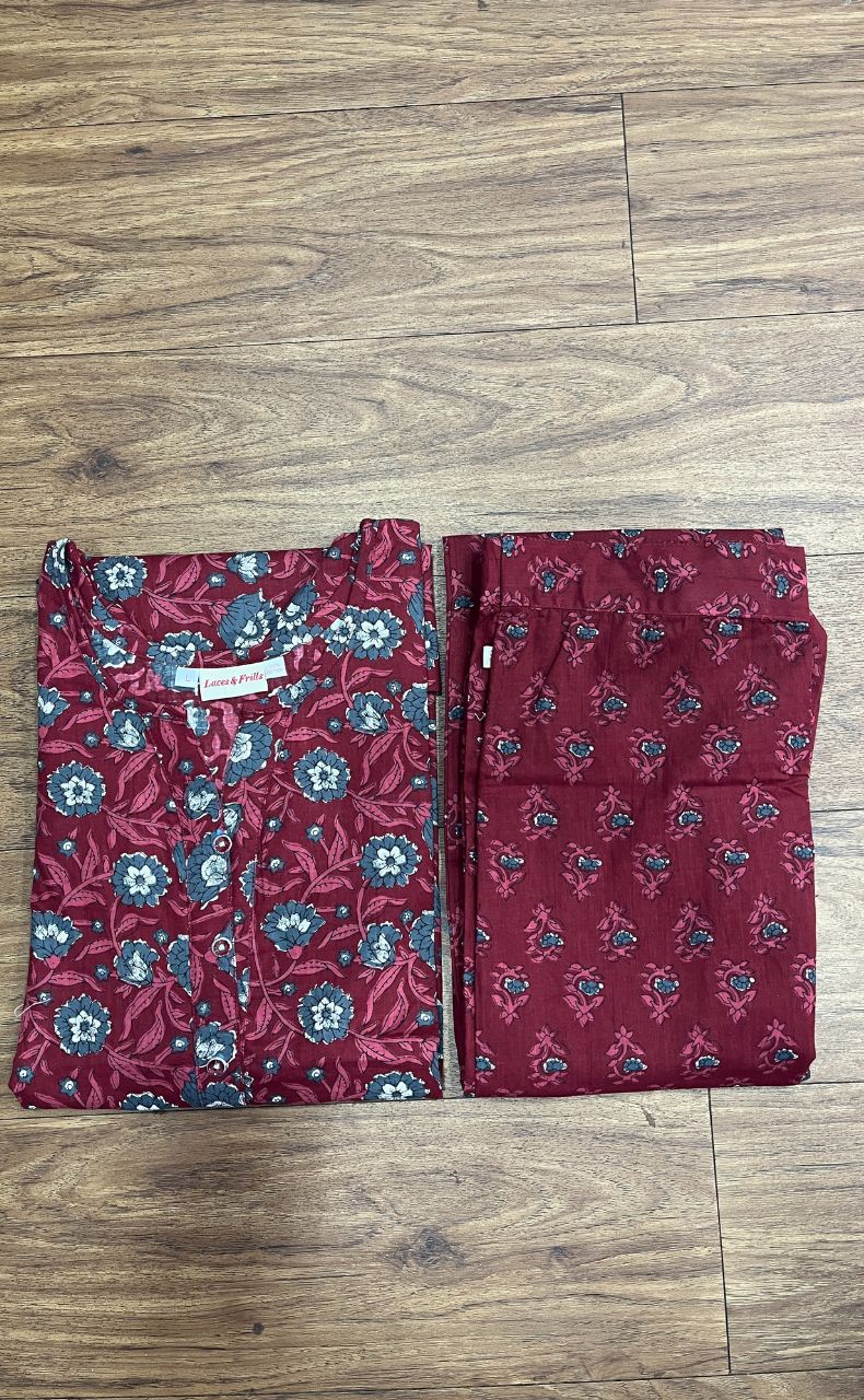 Maroon/Grey Floral Co-ord Set . Versatile Cotton Fabric. | Laces and Frills - Laces and Frills