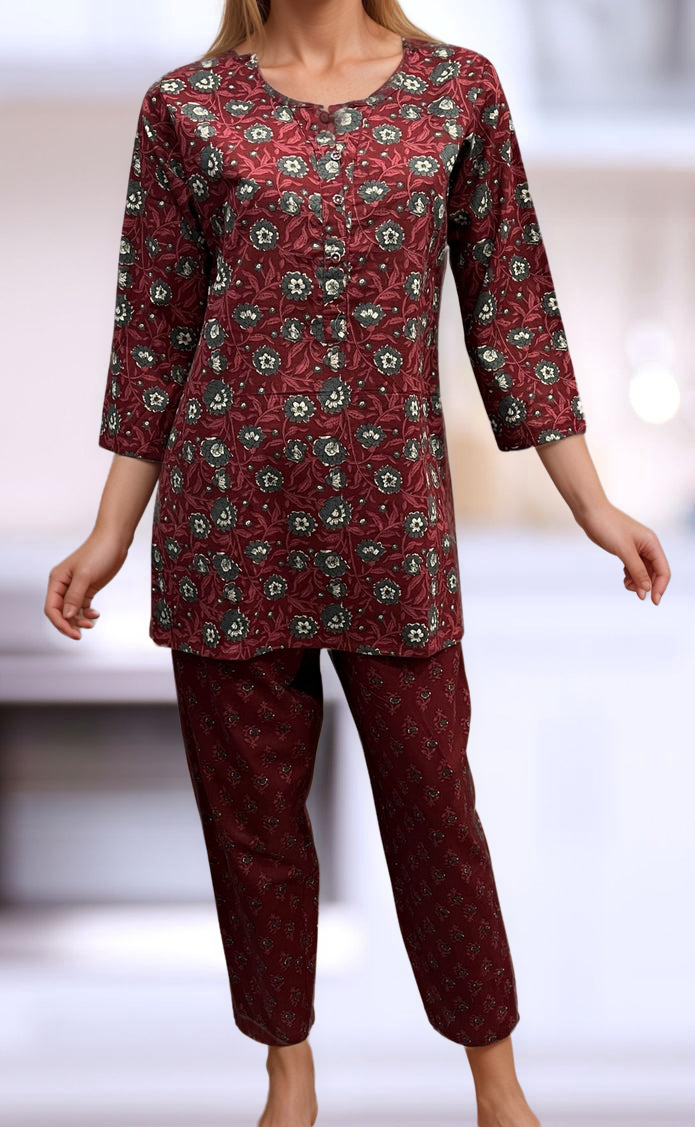 Maroon/Grey Floral Co-ord Set . Versatile Cotton Fabric. | Laces and Frills - Laces and Frills