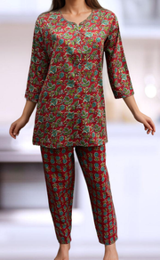 Red Leafy Co-ord Set . Versatile Cotton Fabric. | Laces and Frills - Laces and Frills