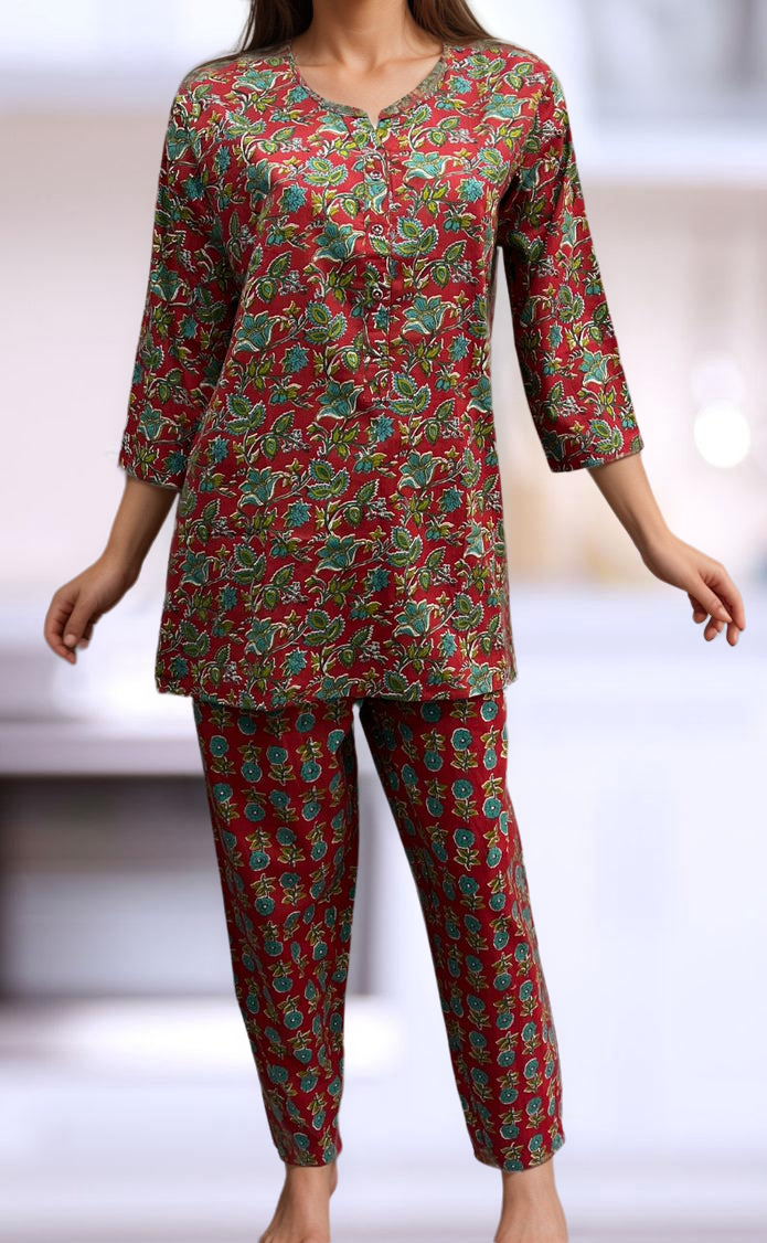 Red Leafy Co-ord Set . Versatile Cotton Fabric. | Laces and Frills - Laces and Frills