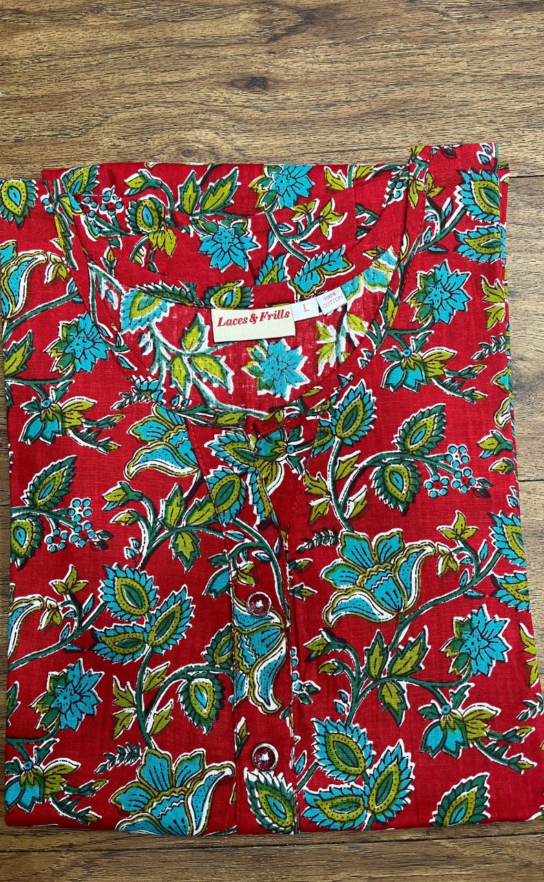 Red Leafy Co-ord Set . Versatile Cotton Fabric. | Laces and Frills - Laces and Frills