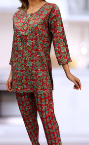 Red Leafy Co-ord Set . Versatile Cotton Fabric. | Laces and Frills - Laces and Frills