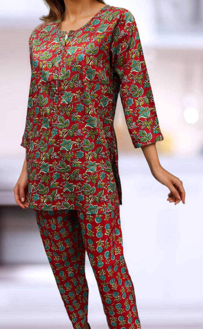 Red Leafy Co-ord Set . Versatile Cotton Fabric. | Laces and Frills - Laces and Frills