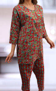 Red Leafy Co-ord Set . Versatile Cotton Fabric. | Laces and Frills - Laces and Frills