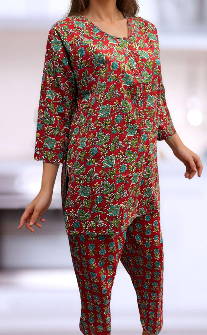 Red Leafy Co-ord Set . Versatile Cotton Fabric. | Laces and Frills - Laces and Frills