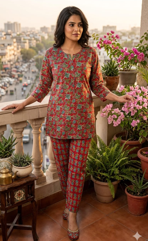 Red Leafy Co-ord Set . Versatile Cotton Fabric. | Laces and Frills - Laces and Frills