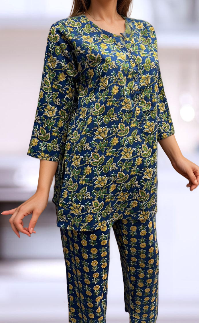 Blue Leafy Co-ord Set . Versatile Cotton Fabric. | Laces and Frills - Laces and Frills