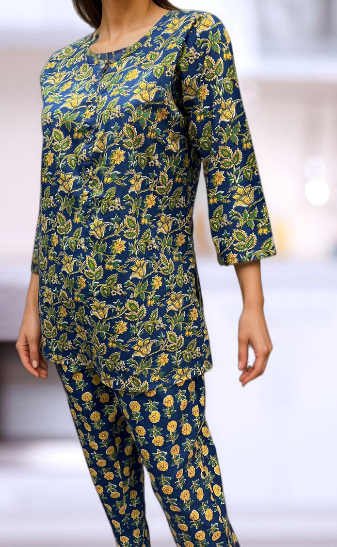 Blue Leafy Co-ord Set . Versatile Cotton Fabric. | Laces and Frills - Laces and Frills