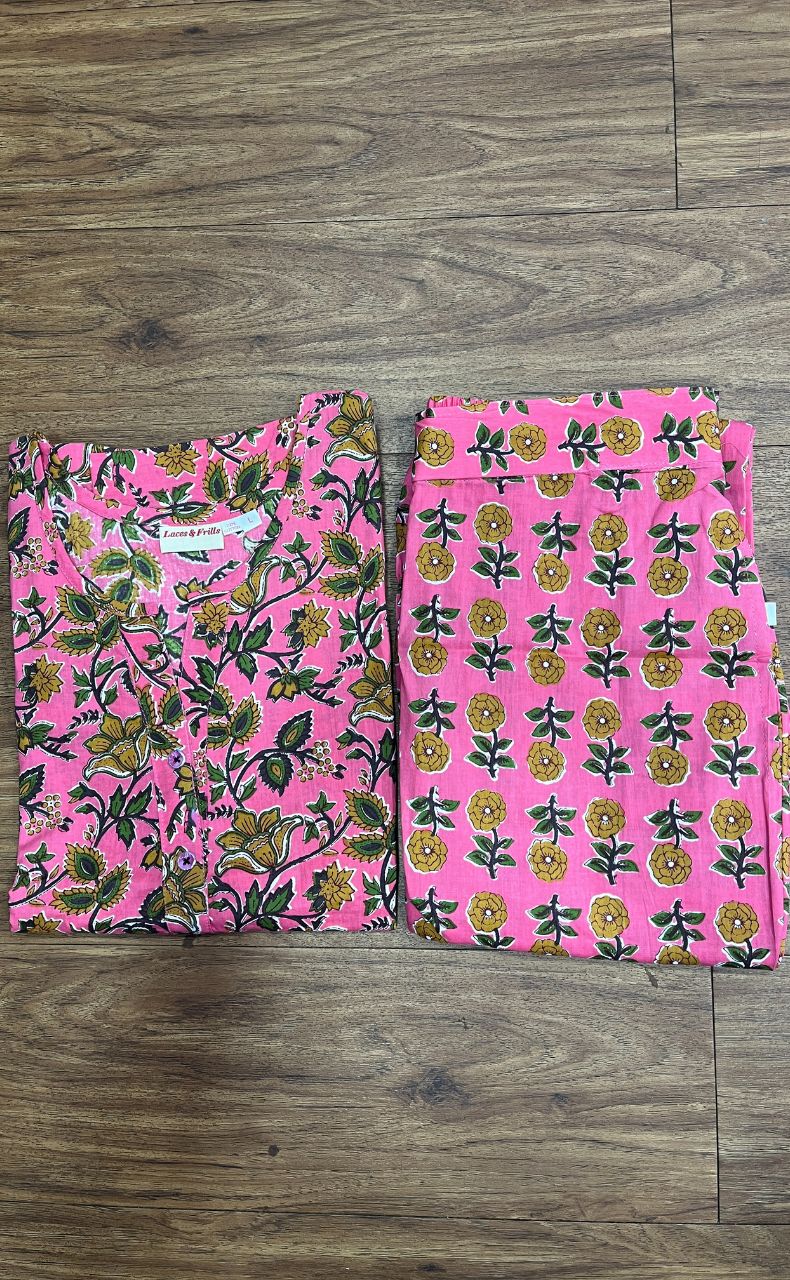 Pink Leafy Co-ord Set . Versatile Cotton Fabric. | Laces and Frills - Laces and Frills