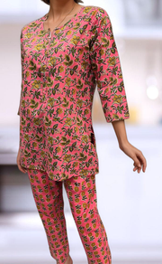 Pink Leafy Co-ord Set . Versatile Cotton Fabric. | Laces and Frills - Laces and Frills