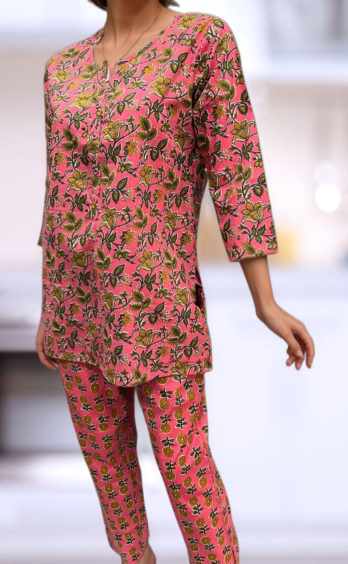 Pink Leafy Co-ord Set . Versatile Cotton Fabric. | Laces and Frills - Laces and Frills