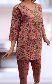 Pink Leafy Co-ord Set . Versatile Cotton Fabric. | Laces and Frills - Laces and Frills