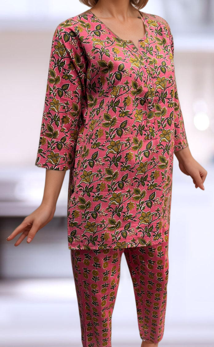 Pink Leafy Co-ord Set . Versatile Cotton Fabric. | Laces and Frills - Laces and Frills