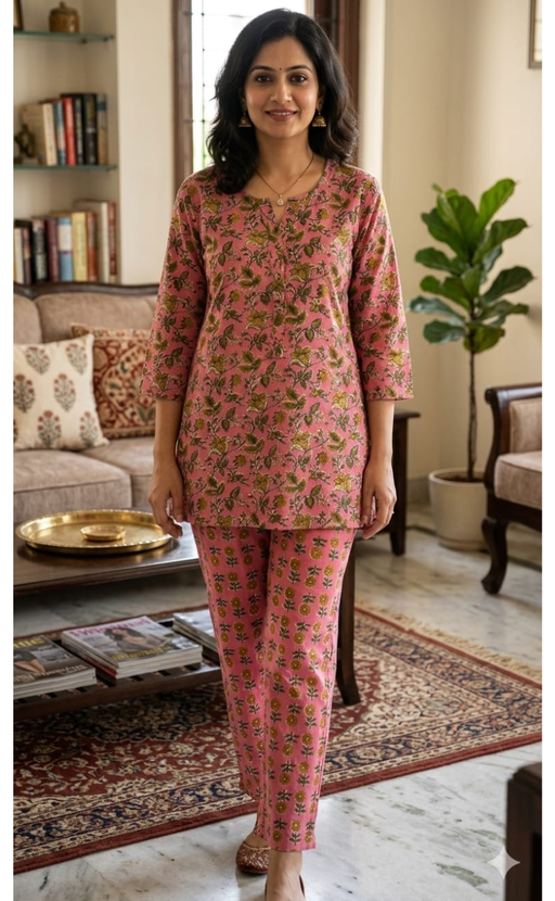 Pink Leafy Co-ord Set . Versatile Cotton Fabric. | Laces and Frills - Laces and Frills