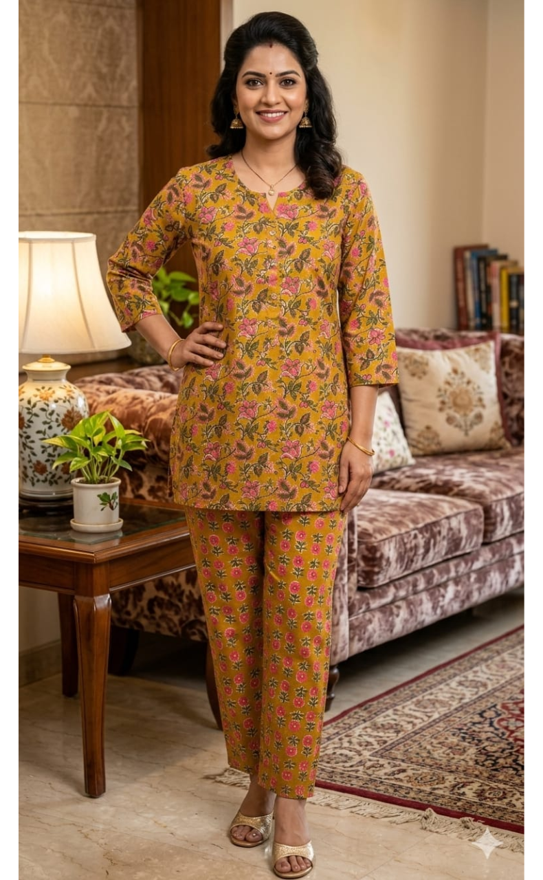 Yellow Leafy Co-ord Set . Versatile Cotton Fabric. | Laces and Frills - Laces and Frills