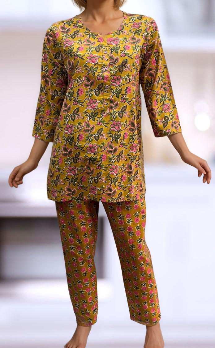 Yellow Leafy Co-ord Set . Versatile Cotton Fabric. | Laces and Frills - Laces and Frills