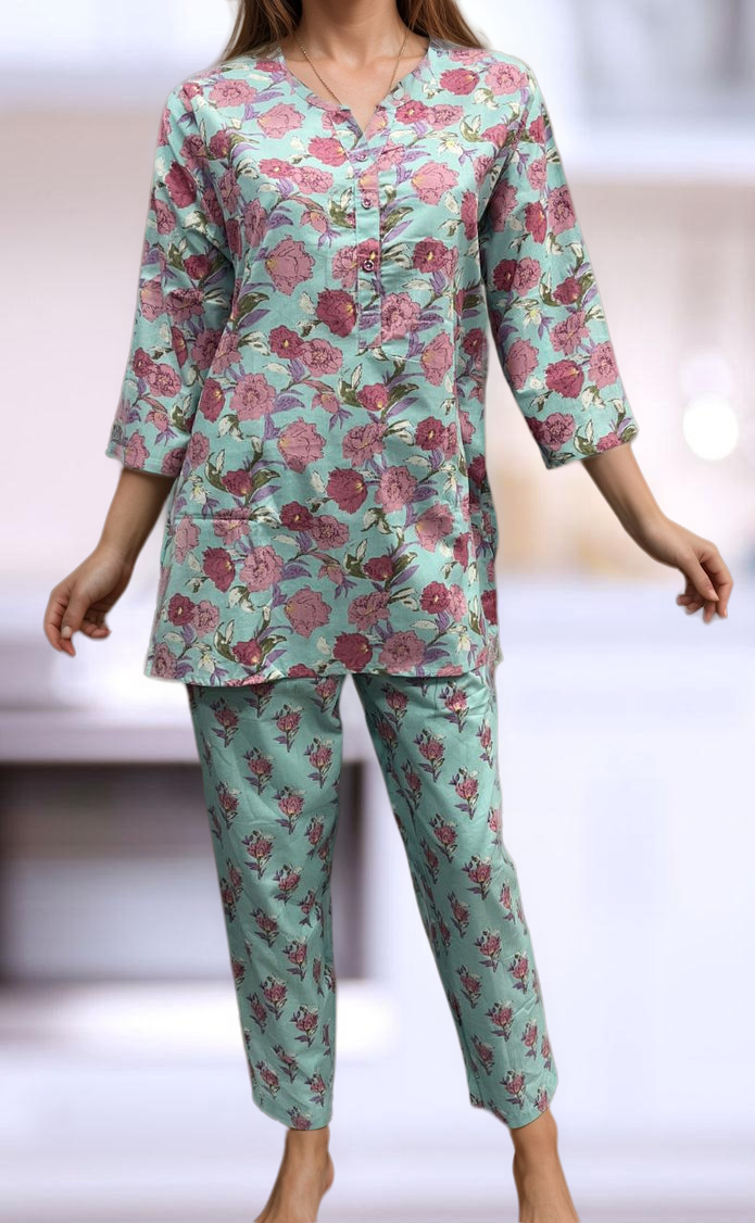 Sky Blue Floral Co-ord Set . Versatile Cotton Fabric. | Laces and Frills - Laces and Frills