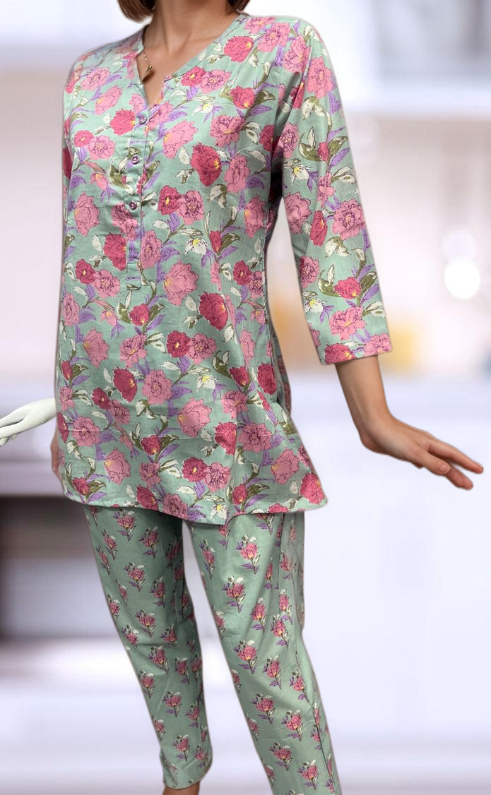 Sea Green Floral Co-ord Set . Versatile Cotton Fabric. | Laces and Frills - Laces and Frills