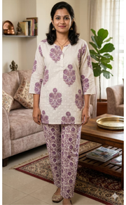 White/Purple Garden Kurti Co-ord Set . Versatile Cotton Fabric. | Laces and Frills - Laces and Frills