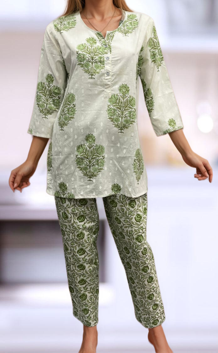 White/Green Garden Co-ord Set . Versatile Cotton Fabric. | Laces and Frills - Laces and Frills